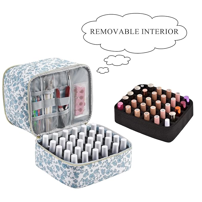 Upgraded Nail Polish Organizer Case - Holds 30 Bottles and 1 Nail Light, Double-layer Nail bag Organzier Case Nail Polish Storage Bag with Handles (Blue-Flower)