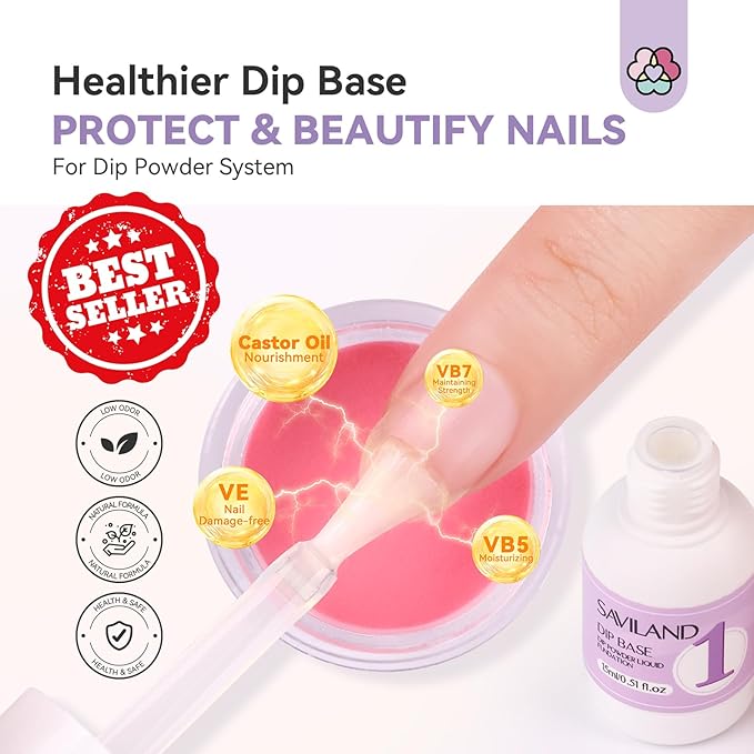 SAVILAND Dip Powder Base: Vitamin E Ultra Adhesive Dip Foundation Coat for Refill Dip Powder Liquid Set HEMA-free Nail Kit with 2 Liner 3 Replacement Brush for French Nail Art Beginner Home Salon DIY