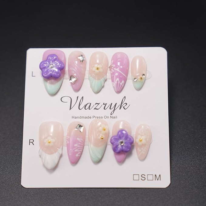 Handmade Press On Nails - 3D Almond False Nails 10PCS, Reusable Acrylic Pink French Salon Design, Easy to Apply Nail Tips for Women