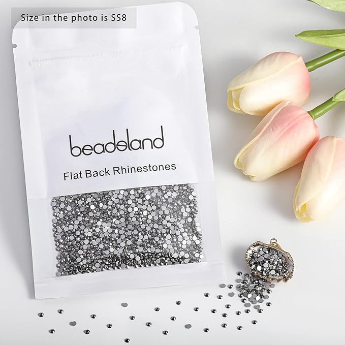 Beadsland Flat Back Crystal Rhinestones Round Gems for Nail Art and Craft Glue Fix, Hematite, 2.3-2.5mm, SS8/1440pcs
