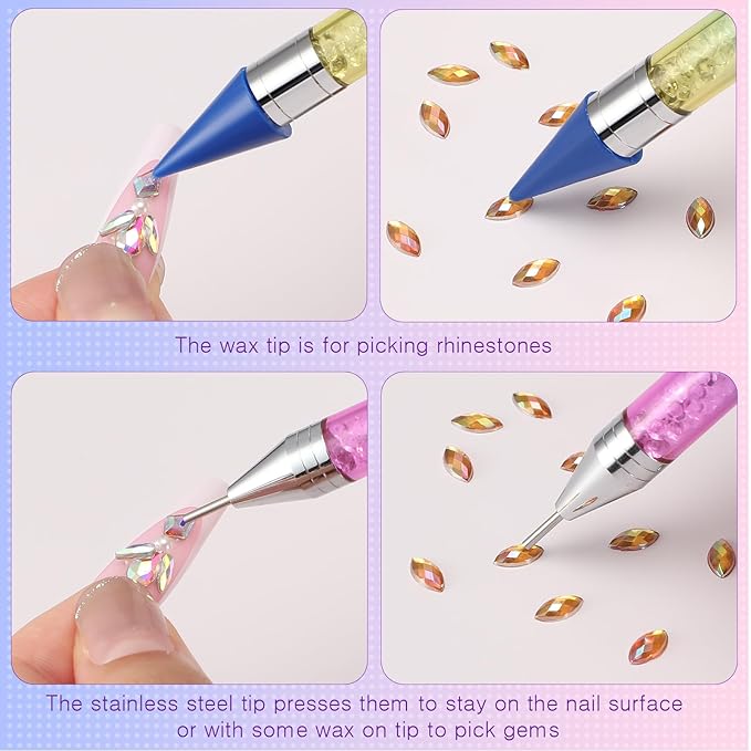 Tatuo 2 Pieces Rhinestone Picker Dotting Pen, Dual-ended Rhinestone Gems Crystals Studs Picker Wax Pencil Pen Crystal Beads Handle Manicure Nail Art DIY Decoration Tool (Colorful)