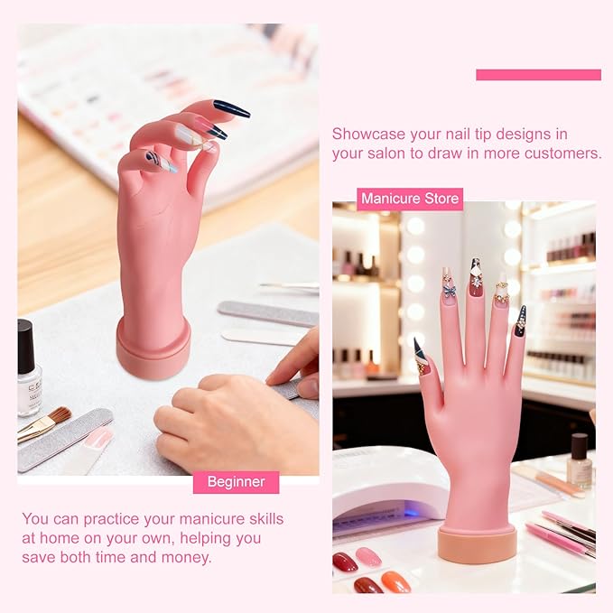 1Pcs Silicone Practice Hand for Nail Training with 48 Adhesive Tabs, Fake Hand for Acrylic Nails, Flexible Reusable Mannequin Hand Model for Gel Polish, Manicure and Nail Art Practice