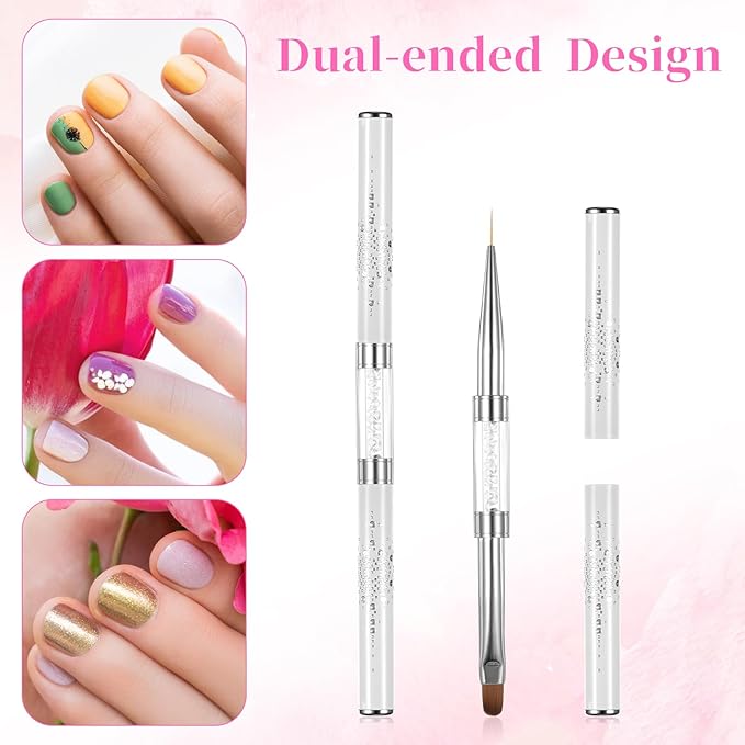 Dual-Ended Nail Art Brushes, 2 PCS Hard Gel Nail Brushes French Tip Nail Liner Brush Builder Gel Brushes Nail Drawing Brushes with Rhinestone Handle French Manicure Design Brushes for Nail Art Design