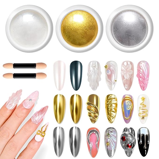 Gold Chrome Nail Powder - Metallic Mirror Effect Nail Chrome Powders Silver Chrome Powders for Nails Glitter, Pigment Holo Chrome Gold Nail Powder with 4 Eyeshadow Sticks