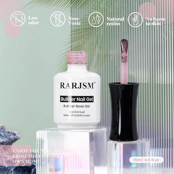 RARJSM Nude Pinkish Beige Rainbow Glitter Rubber Base Coat Gel Nail Polish Natural Skin Tone Iridescent Shimmer Brush on Extend Jelly Gelpolish Soak Off Curing Requires 15ml Salon Home French Manicure