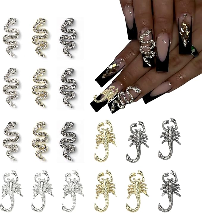 Scorpion Nail Charms and Snake Nail Charms 18Pcs 3D Gold Silver Black Alloy Nail Rhinestones Accessories for Acrylic Nails Scorpion Snake Nail Jewelry Decorations for Women Manicure Craft Supplies
