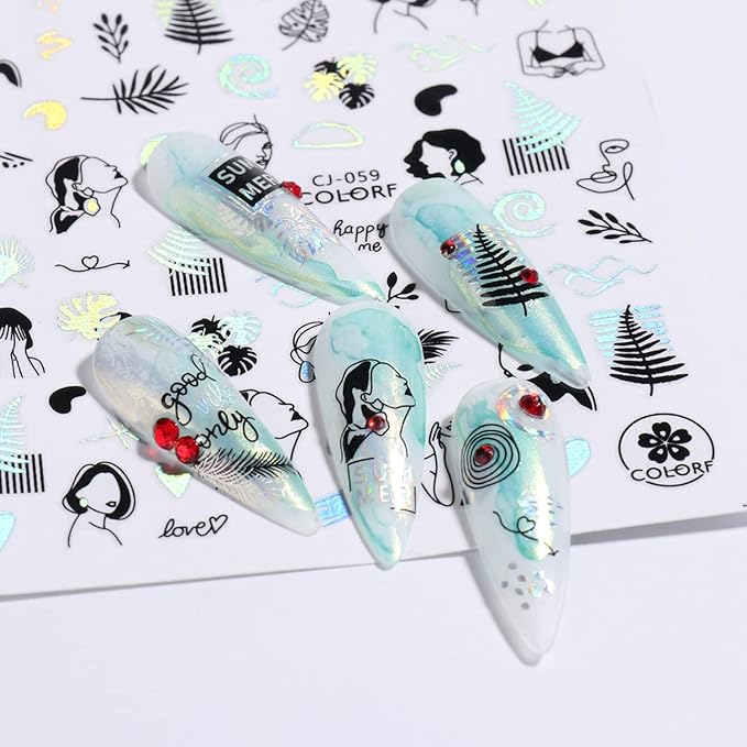 Silver Summer Nail Art Adhesive Sticker, Holographic Seaside Beach Nail Stickers Design, Mermaid Coconut Tree Flowers Leaf Animal Nail Art Decals for Women Manicure Charms Decor, Summer Transfer Decal