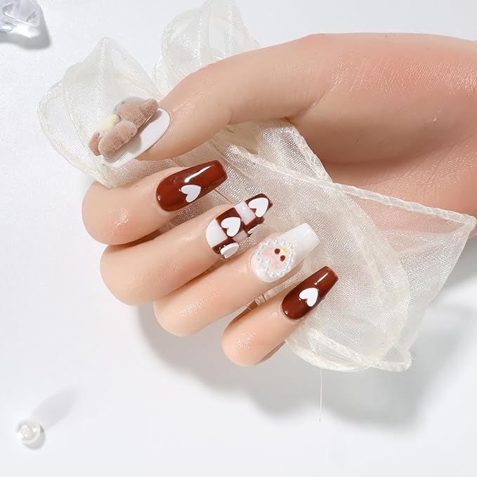 Fake Nails Set Brown White Long Medium Square Cute 3D Bear Love False Nail Tips, Press On Nails, Artificial Art Nails Finger Manicure for Women and Girls(CDJ0003-L)