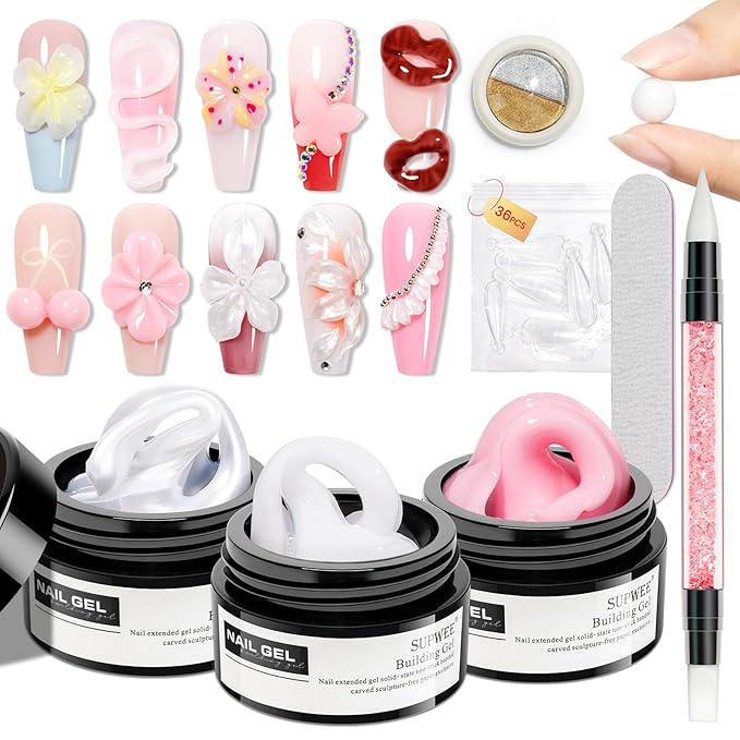 3D Sculpting Gel for Nail Art Pearl White Pink and White Solid Builder Hard Gel for Nail Extend Sculpture Molding Gels Non Stick Hand DIY at Home for Women Girls
