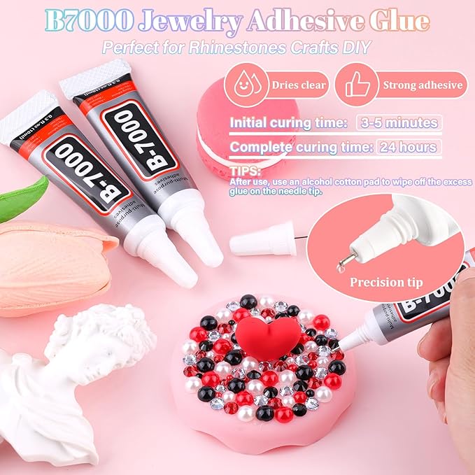 14000Pcs Flatback Pearls and Rhinestones for Crafting, Red White Black Mixed Size 3-8mm Resin Rhinestones and Half Pearls for Bedazzling, Nail Art and Decoration with 3pcs B7000 Jewelry Glue