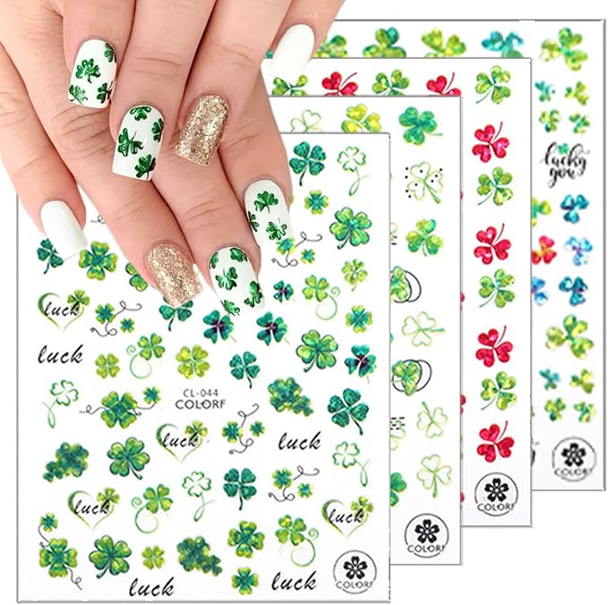 8 Sheets Laser St. Patrick's Day Nail Art Stickers 3D Holographic Glitter Shamrock Nail Stickers Self-Adhesive Luck Clover of Irish Nail Decorations Spring Summer Nails Supplies for Women Holiday DIY