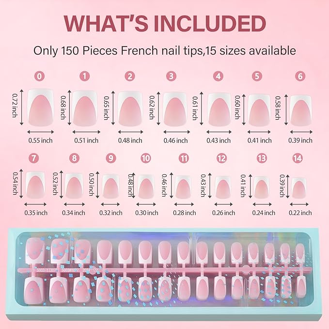 Vansiho Pink Deep French Gel Nail Tips, 150Pcs Short Square Soft Gel Nail Tips, French Tips Press on Nails, Fake Nails for Nail Art DIY 15 Sizes