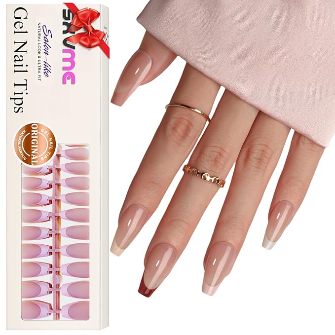 Gel French Tip Nails Long Coffin French Tip Press on Nails White French Nail Tips 150Pcs Pre-applied Tip Primer Natural Skin Tones Fake Nails Extensions Gel Nail Kit for Women Girls DIY