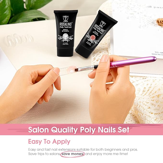 ROSALIND Clear&Deep Nude Extension Gel, 2 PCS 30ml Deep Nude Pink & Clear Poly Nail Gel Kit with UV Lamp