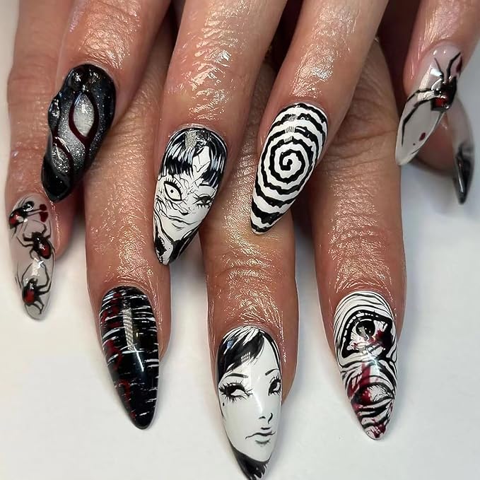 24pcs Almond Press On Nails - Medium Gothic Anime Design, Black & White, Full Cover, Glossy, Reusable DIY Nails for Women's Manicure