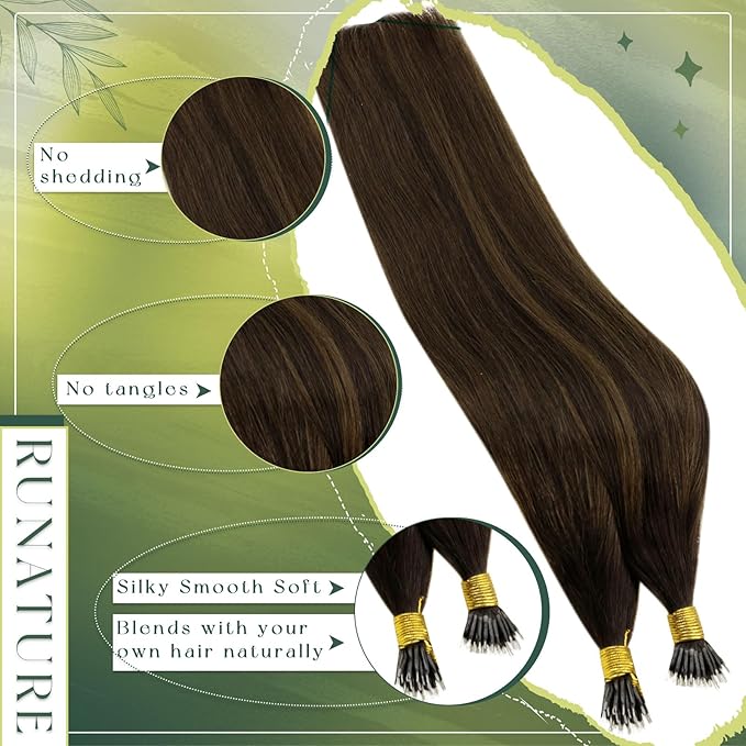 RUNATURE Nano Beads Hair Extensions Real Human Hair Brown Ombre Nano Ring Hair Extensions Brown Human Hair 16Inch 50 Gram