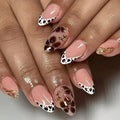 Leopard Print French Tip Press on Nails Medium Almond Fake Nails Brown Flower Nails Press Ons Fall Glossy False Nails Nude Glue on Nail Gold Line Stick on Nail for Women Decoration Set 24Pcs