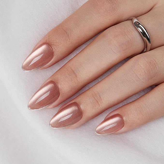 VSALON Press on Nails Short Almond - Pink Cat Eye Glitter Metallic Tip Fake Nails Kit for Woman, Reusable Opaque Gel Chrome Glue on Nails with Glue & Cuticle Oil - 32 PCS Stick on Nails in 16 Sizes