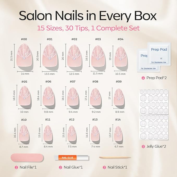 Modelones French Tip Press on Nails Almond, Short Almond Fake Nails, Semi-Transparent Soft Nail Kit with Nail Glue Adhesive Tabs Nail File, Spring Nails Press Ons 30Pcs 15 Sizes, Shell Pearl