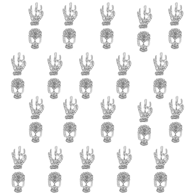 Beaupretty 40pcs Halloween Nail Charms 3D Skull Hand Nail Art Decals Rhinestone Cool Punk Skull Alloy Metal Nail Art Decoration Tips (Silver)