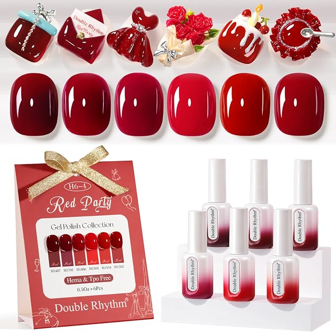 Double Rhythm 6 Pcs Hema Free Gel Polish Set 0.50 OZ Same Color Same Bottle Soak Off Neutral Natural Milky Gel Polish Kit Nail Art Manicure Salon (Shimmer Cherry Red Burgundy-H6-4)