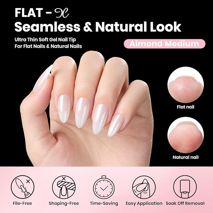 Beetles Gel Nail Kit Flat-X, Almond Medium, 320pcs 16 Sizes Nail tips, with 15g Nail Glue Gel Hands-Free, 7.5ml Base Gel & Top Coat, Mini Lamp, for Acrylic Press On Nail, Extension DIY Set at Home