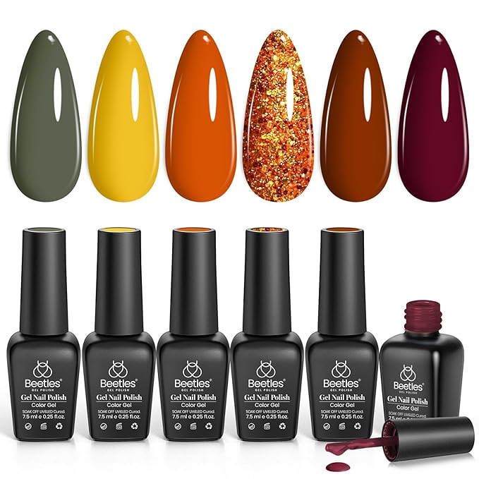 Beetles Gel Nail Polish Set 6Pcs Brown Green Yellow Burgundy Orange Glitter Gel Polish Nails Art Soak off Uv LED Manicure Gift Set Golden Season Collection 2025 Nail Trend Gift for Women