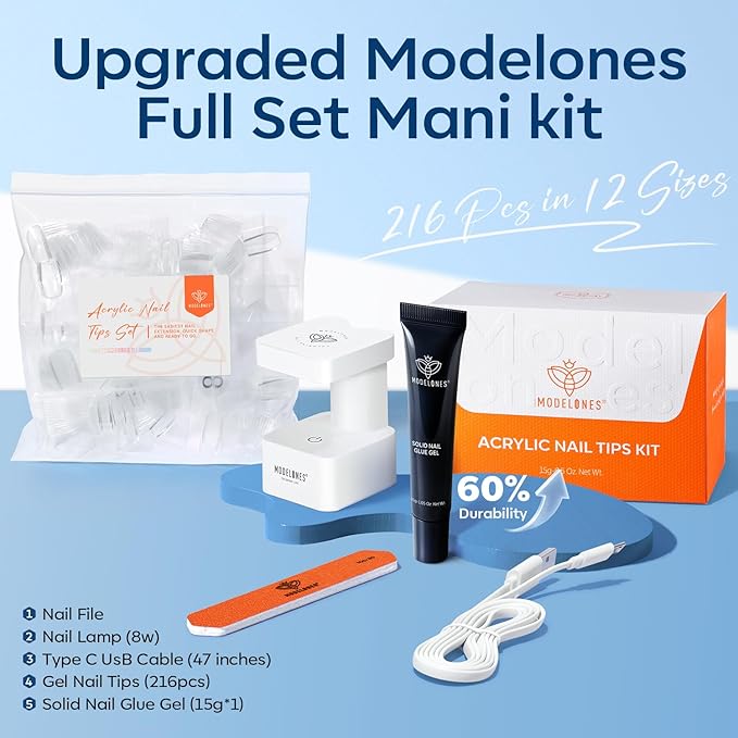 modelones Short Almond Gel Nail Tips Kit, Solid Nail Glue Gel with Portable U V Lamp 216Pcs 12Sizes Pre-Etched Press ons Fake Acrylic Extension Kit DIY Salon Gift for Women