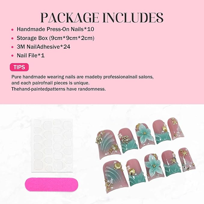 Luxury Handmade Press on Nails Medium Duck Fake Nails Blue French Tip False Nails with Ocean 3D Floral Art Ombre Design Acrylic Nails Handmade Stick on Nail for Women Manicure 10Pcs (Size M)