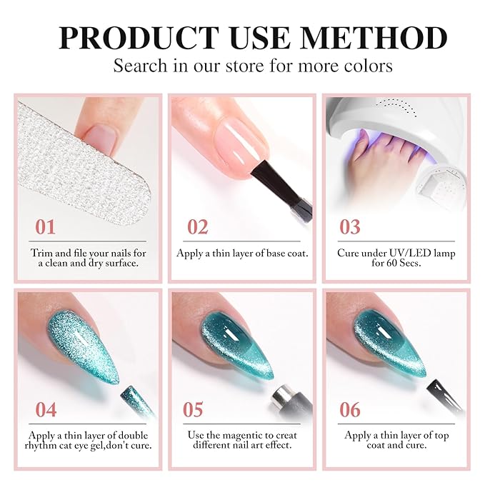 Double Rhythm 0.5 OZ Cat Eye Gel Polish with Magnet 15ML Holographic Glitter Shimmer Translucent Jelly Color Magnetic Polish Salon DIY at Home (Teal-MC1071)