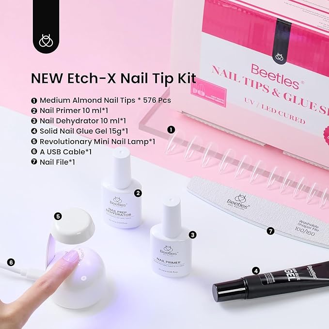 Beetles Gel Nail Kit Medium Almond with Dehydrator and Primer, 576Pcs Half Matte Etch-X Gel Nail Tips Solid Glue Mini Lamp Acrylic Nail Tips Easy DIY Nail Extension Set Gift for Women