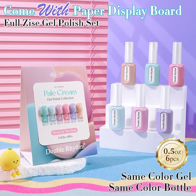 Double Rhythm 6 Pcs Hema Free Gel Polish Set 0.50 OZ Same Color Same Bottle Soak Off Neutral Natural Gel Polish Kit Nail Manicure Salon DIY at Home (Cream Teal Nude Pink Purple -H6-19)