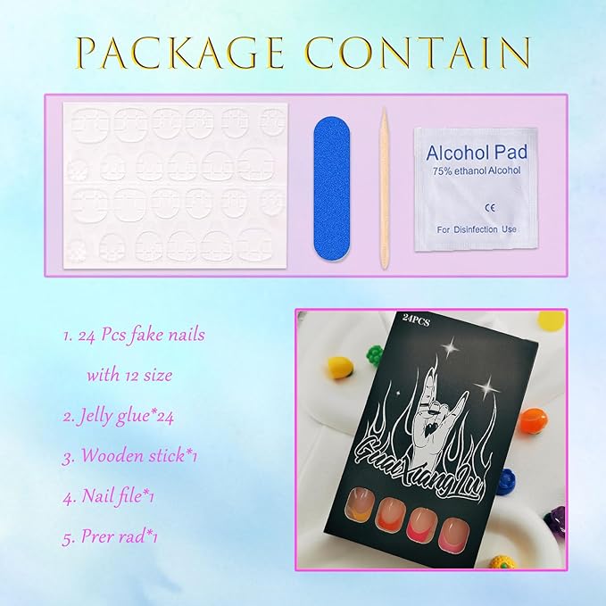 Colorful French Tip Press on Nails Short Square Fake Nails Press ons Cute Rainbow Glossy Full Cover Glue on Nails Nude False Nails Acrylic Stick on Nails for Women Girls 24 Pcs