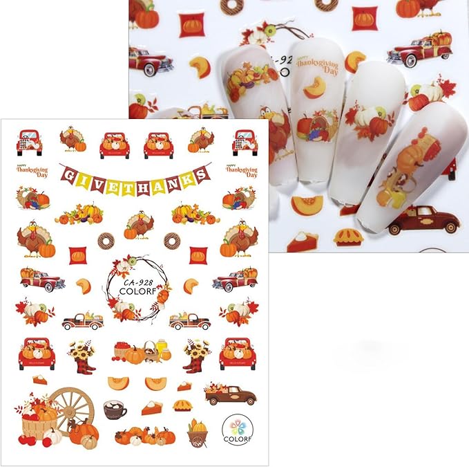 Fall Nail Art Stickers Thanksgiving Day Turkey Pumpkin Nail Decals 3D Self-Adhesive Holiday Maple Leaf for DIY Autumn Party Nail Supplies Decoration 8 Sheets