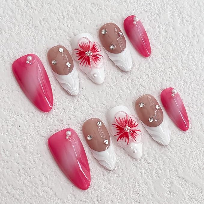 Luxury Press on Nails Medium Almond Handmade 3D Unique Reusable ABS Material Fake Nails White French Tip False Nails with Designs Flower Art Petal Pink Glossy Glue on Nails Thick Acrylic Nails(S)