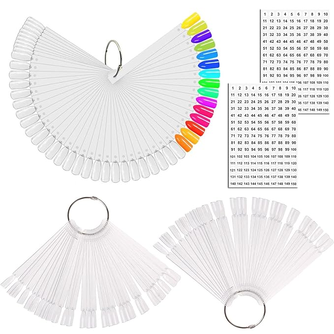 JASSINS 150 Pcs Nail Swatch Sticks with Ring and Number posted, Clear Fan-shaped Nail Art Polish Practice Display Tips Nail Sample Sticks, Nail Practice Color Display Polish Board