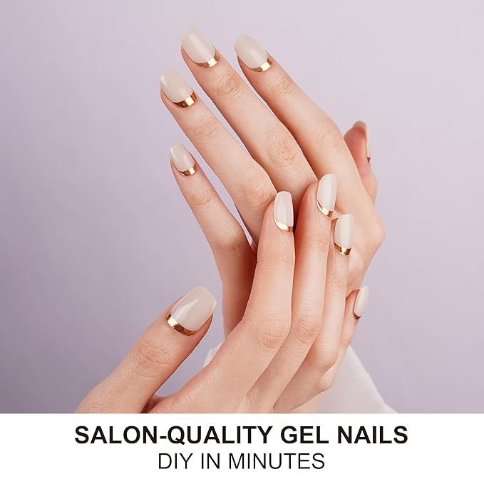 DANNI & TONI Semi Cured Gel Nail Strips Reverse French (Ivory Luxe) Golden Gel Nail Wraps Beige UV Led Nails 28 Stickers