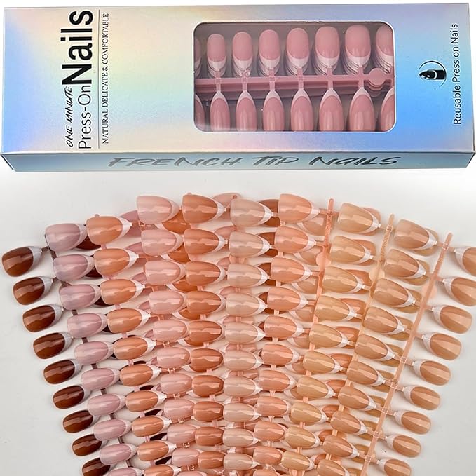 270 Pcs White French Tip Press on Nails Almond Fake Nails Nude Glossy Acrylic Glue On Nails Full Cover False Nail Tips Kit for Women DIY Nail Art Manicure 15 Size