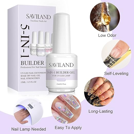 SAVILAND 5 in 1 Clear Builder Nail Gel - 15ml Quick Building Nail Strengthener Gel Castor Oil Vitamin E Builder Nail Gel in a Bottle for Damage Nail Repair Nail Extension Nail Decoration Professionals