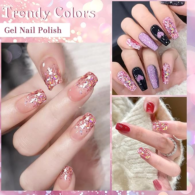 MEET ACROSS 9Pcs Glitter Sequins Gel Nail Polish Sparkly Shiny Pink Purple Gel Polish Set with 1Pc Nail Brush Nail Gel Nail Art Manicure Salon Kit 8 Colors
