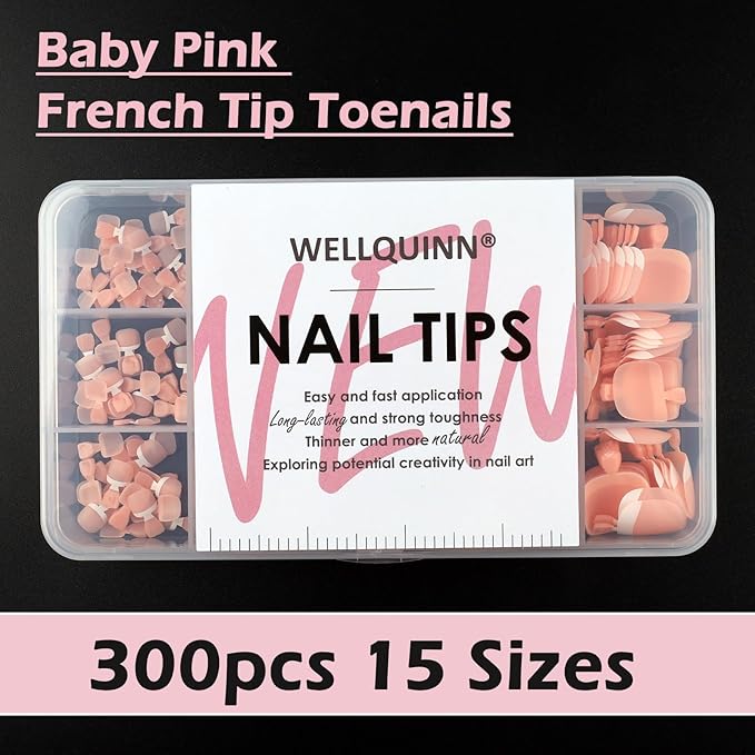 French Tip Toe Nail Tips Press on Nails, Squoval Pre-Designed False Toenail Extension, Baby Pink Pre-applied Tip Press On Toenails Full Cover Acrylic Nails for DIY 15 Sizes 300 pcs