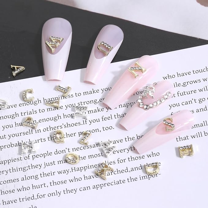 104pcs Rhinestone Letters Nail Studs Gold Silver 3D Nail Charms Letters