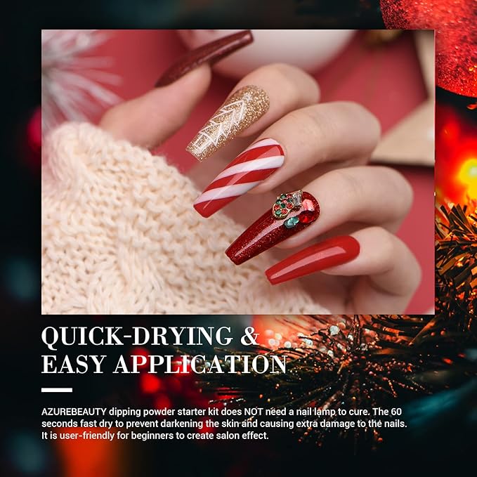 AZUREBEAUTY Dip Powder Nail Set, 6 Colors Glitter Red Green Silver Gold Nail Dipping Powder Starter Kit French Nail Art Sparkle Stunning Manicure Salon DIY No Need Nail Lamp Cured