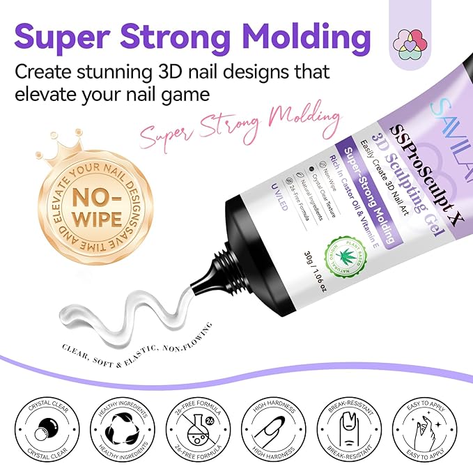 SAVILAND 1.06oz 3D Gel Nail Art, No Wipe Clear Sculpting Gel for Molding Carving Rhinestone Glue for Gems Decoration Adhesive 3D DIY Design for Home Salon Christmas Gift Set