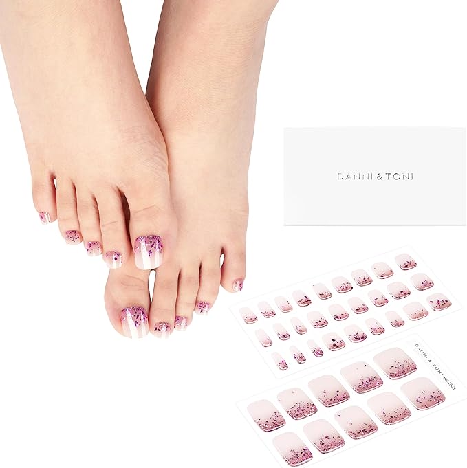 DANNI & TONI Semi Cured Gel Toenail Strips Rose Red Sparkles (Scarlet Gleam) Translucent Toenail Stickers Reverse French Gel Pedi Wraps 37 Stickers