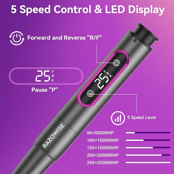 Electric Nail Drill: Professional for Acrylic Gel Powder Nails Portable Nail Drill for Manicure Pedicure Nail Efile 5 Speeds 12 in 1 with LED Display Rechargeable, Grey