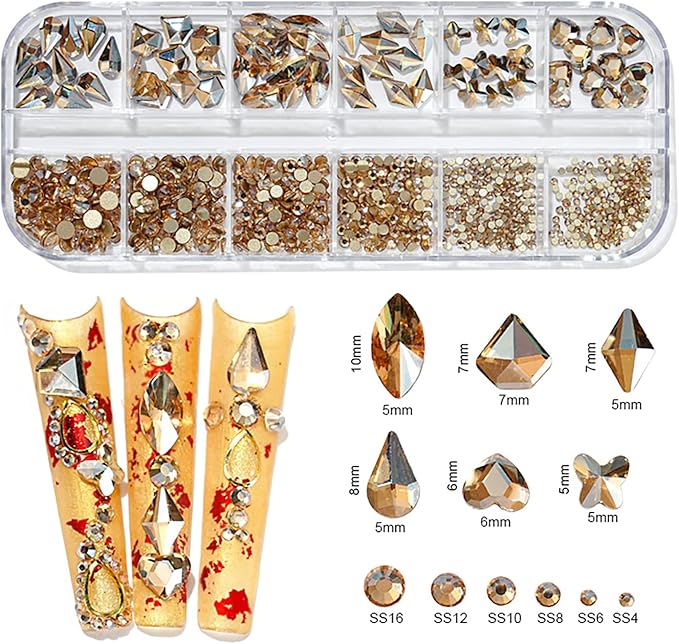 Walacot 1650 Pcs Crystal Nail Rhinestone Kit Green Red Champagne Color with Round Flat Back and Mixed Shapes Rhinestone Nail Art DIY Gem Bead for Girls Women