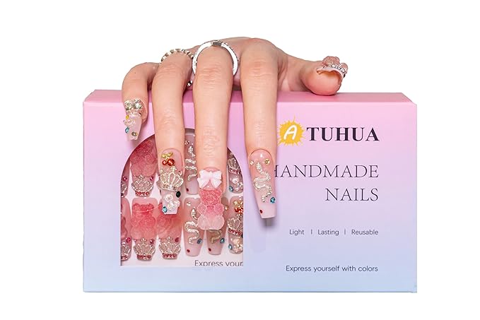 24Pcs Handmade Press on Nails, 3D Pink Long Length Square Fake Nails, Cute Manicure Kit with Full Covered Crystals for Women and Girls to Wear Daily