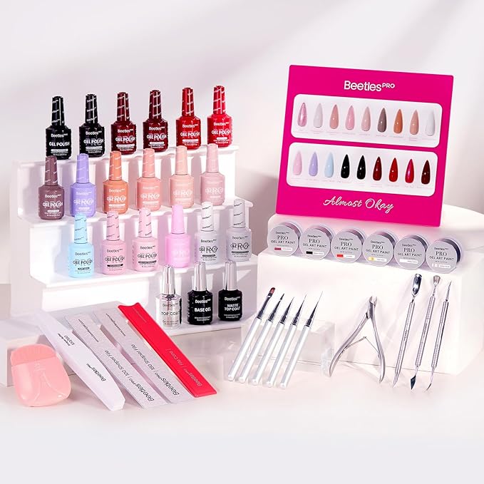 Beetles PRO Gel Polish Kit – Almost Okay Collection, 18 Colors 15ml Valentines Salon Polish Set with Base Coat, Glossy & Matte Top Coats, 6 Painting Gel For Nails Tools, UV Nail Lamp Cure Needed
