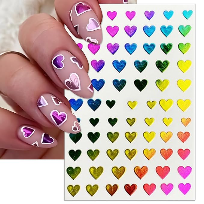 Valentine's Day Nail Art Stickers - Sexy Laser Heart Nail Decals, Self-Adhesive 6 Colors Black White Red Pink Kiss Heart for DIY 3D Nail Supplies Decoration (6 Sheets)